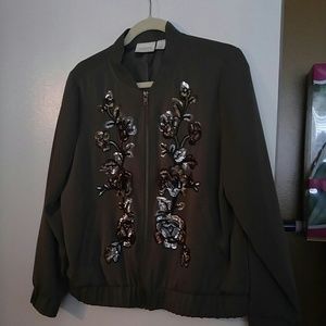 Chico's olive green with sequin trim bomber jacket